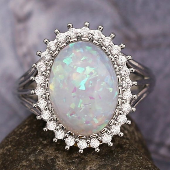 NEW Huge Opal Diamond Halo Silver Engagement Ring - Picture 3 of 7